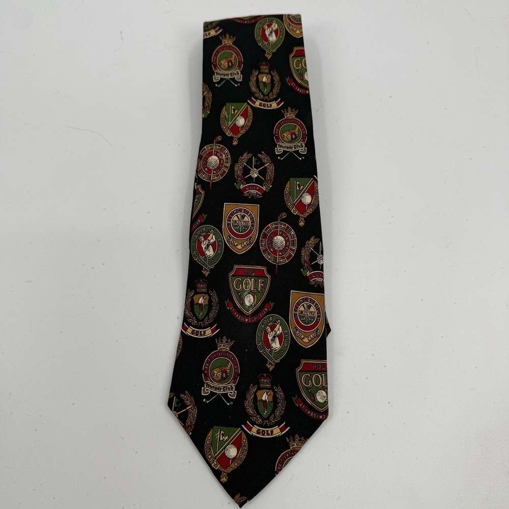 Hugo Boss Tie Mens OS Black Golf Crest Silk Novelty Print Made‎ in Italy